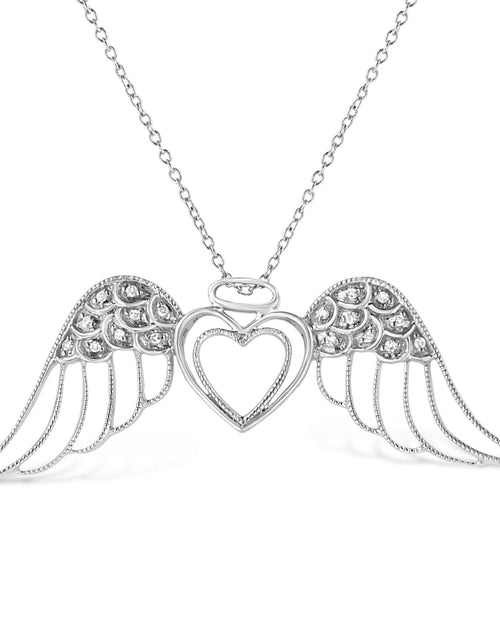 Load image into Gallery viewer, .925 Sterling Silver Pave-Set Diamond Accent Angel Wing 18" Double Heart Pendant Necklace (I-J Color, I1-I2 Clarity) by Haus of Brilliance
