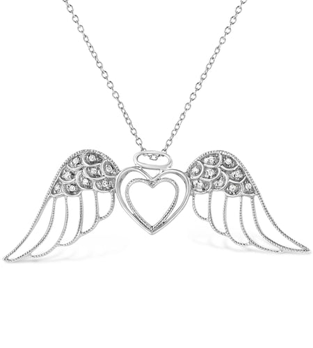 .925 Sterling Silver Pave-Set Diamond Accent Angel Wing 18" Double Heart Pendant Necklace (I-J Color, I1-I2 Clarity) by Infinite Jewels