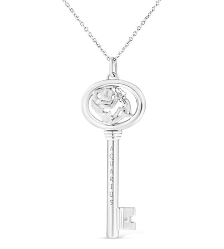 .925 Sterling Silver Diamond Accent Zodiac Key 18" Pendant Necklace (K-L Color, I1-I2 Clarity) by Infinite Jewels