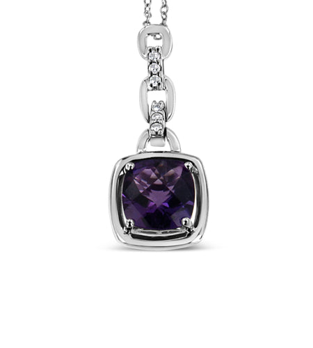 .925 Sterling Silver 6x6MM Cushion Shaped Natural Purple Amethyst and Diamond Accented Bale 18" Inch Pendant Necklace (I-J Color, I1-I2 Clarity) by Infinite Jewels
