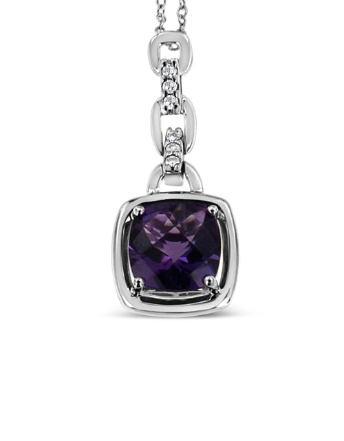 Load image into Gallery viewer, .925 Sterling Silver 6x6MM Cushion Shaped Natural Purple Amethyst and Diamond Accented Bale 18" Inch Pendant Necklace (I-J Color, I1-I2 Clarity) by Infinite Jewels
