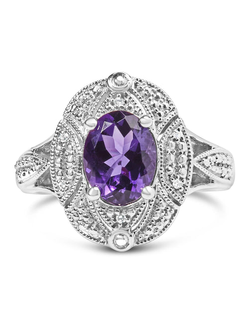 Load image into Gallery viewer, .925 Sterling Silver 9x7mm Oval Purple Amethyst and Round Diamond Accent Fashion Cocktail Ring (I-J Color, I1-I2 Clarity) by Haus of Brilliance
