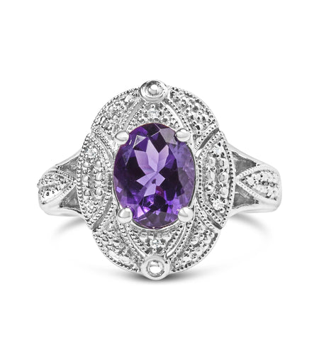 .925 Sterling Silver 9x7mm Oval Purple Amethyst and Round Diamond Accent Fashion Cocktail Ring (I-J Color, I1-I2 Clarity) by Infinite Jewels
