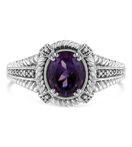 .925 Sterling Silver Prong Set Natural Oval Shape 9X7 MM Purple Amethyst Solitaire and Diamond Accent Ring (I-J Color, I1-I2 Clarity) by Haus of Brilliance