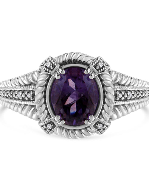 Load image into Gallery viewer, .925 Sterling Silver Prong Set Natural Oval Shape 9X7 MM Purple Amethyst Solitaire and Diamond Accent Ring (I-J Color, I1-I2 Clarity) by Haus of Brilliance
