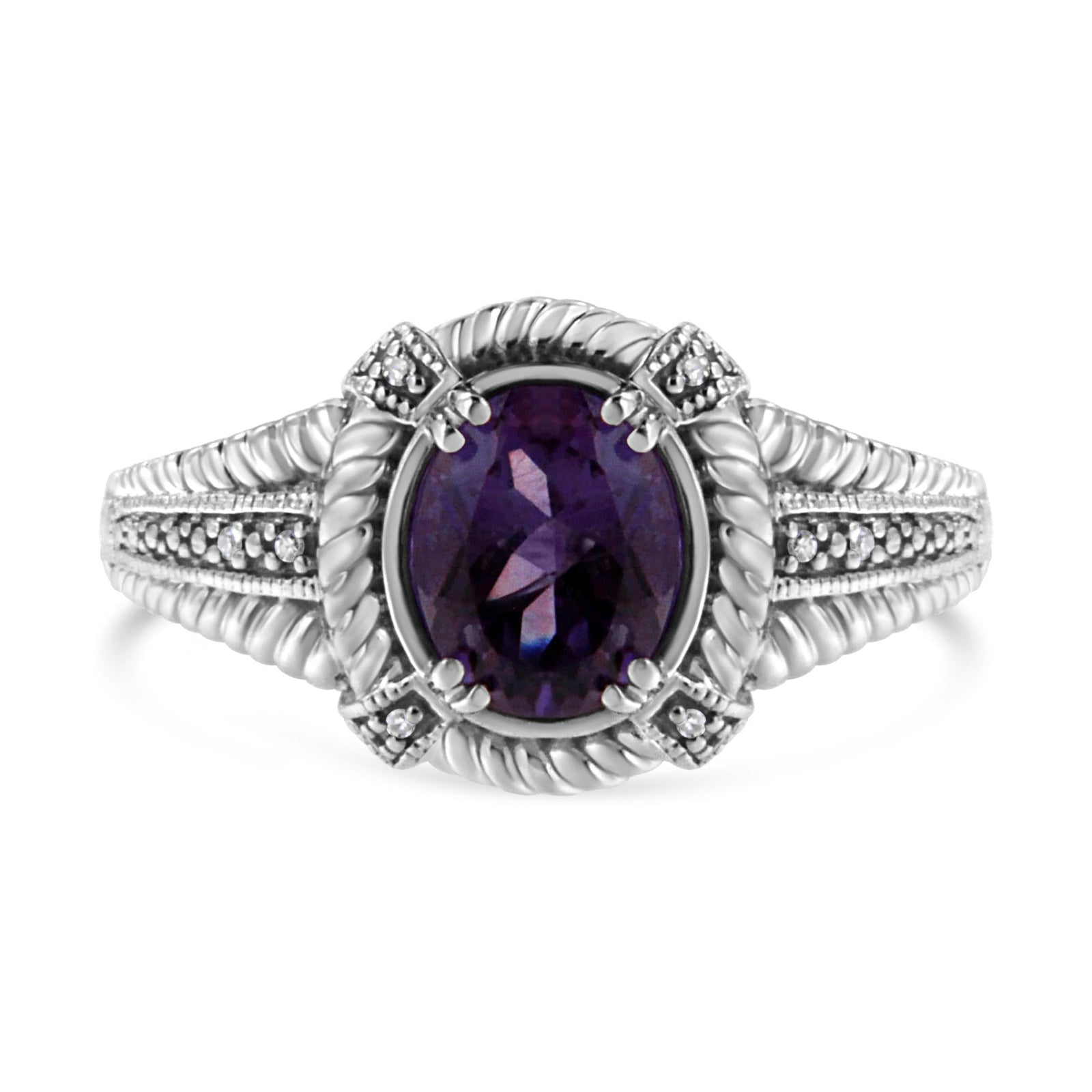 .925 Sterling Silver Prong Set Natural Oval Shape 9X7 MM Purple Amethyst Solitaire and Diamond Accent Ring (I-J Color, I1-I2 Clarity) by Haus of Brilliance
