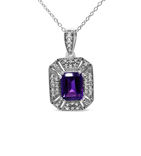 .925 Sterling Silver Purple Amethyst and Diamond Accent Art Deco Style 18" Pendant Necklace (I-J Color, I1-I2 Clarity) by Haus of Brilliance