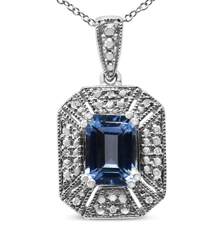 .925 Sterling Silver Blue Topaz and Diamond Accent Art Deco Style 18" Pendant Necklace (I-J Color, I1-I2 Clarity) by Infinite Jewels