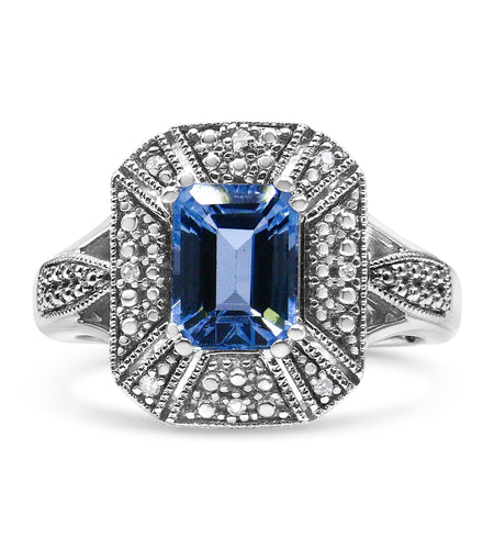 .925 Sterling Silver Diamond Accent and 8X6 mm Emerald-Shape Blue Topaz Ring (I-J Color, I2-I3 Clarity) by Haus of Brilliance