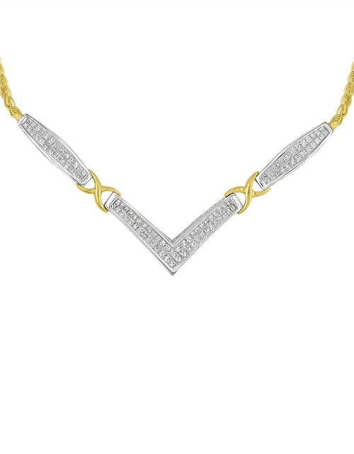 Load image into Gallery viewer, 14K Yellow and White Gold 2.0 Cttw Princess Cut Diamond Flared and X-Station V Shaped 18” Franco Chain Statement Necklace (H-I Color, SI2-I1 Clarity) by Infinite Jewels
