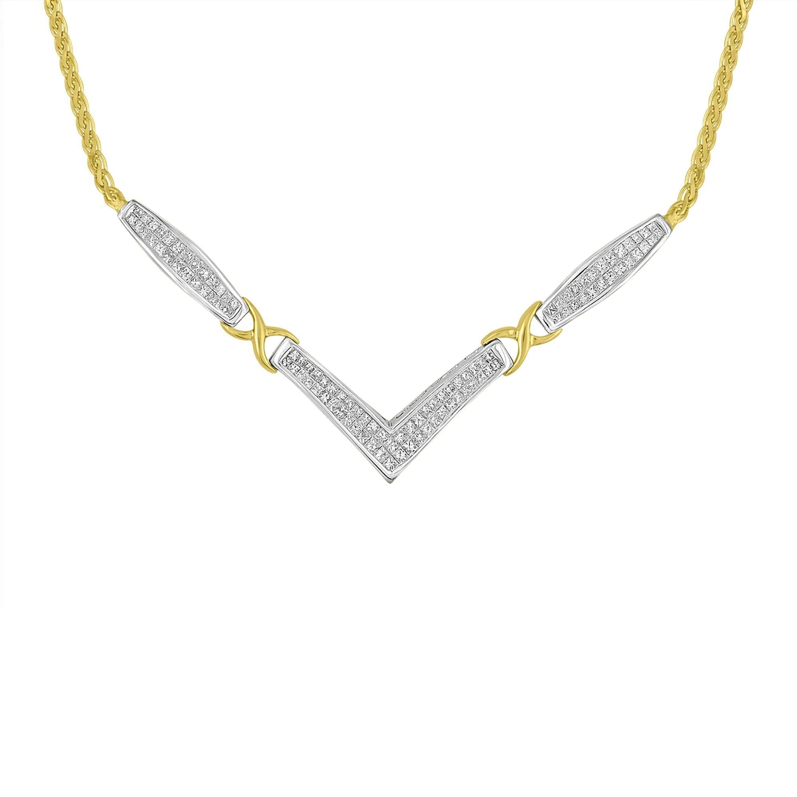 14K Yellow and White Gold 2.0 Cttw Princess Cut Diamond Flared and X-Station V Shaped 18” Franco Chain Statement Necklace (H-I Color, SI2-I1 Clarity) by Haus of Brilliance