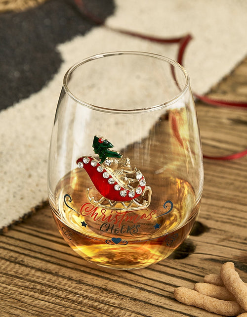 Load image into Gallery viewer, Crystal Christmas Santa's Sleigh Wine &amp; Water Glasses - Set of 2, 17.5oz - Xmas Diamond Merry Christmas Santa Holiday Festive Theme Stemless Glass - New Year Holiday Gifts for Men Women Friend Family by The Wine Savant
