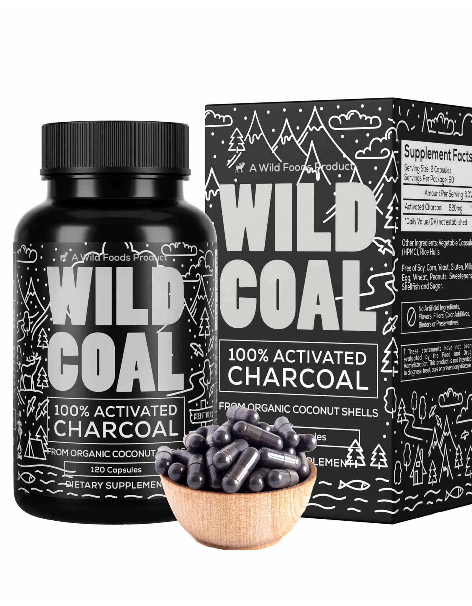 Activated Charcoal Capsules made from 100% Organic Coconuts, 120ct by Wild Foods