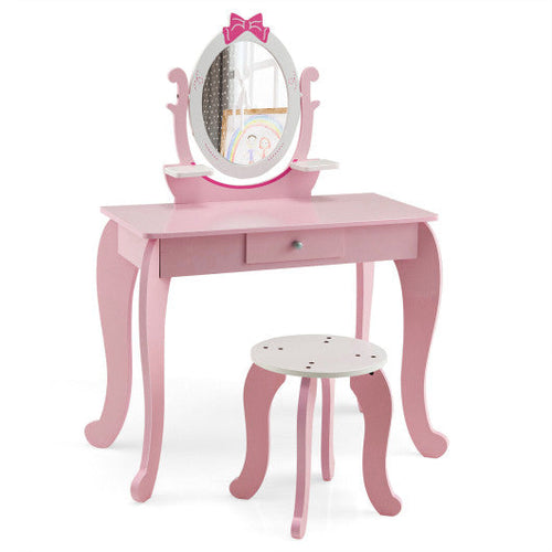 Load image into Gallery viewer, Kid Vanity Table Stool Set with Oval Rotatable Mirror-Pink
