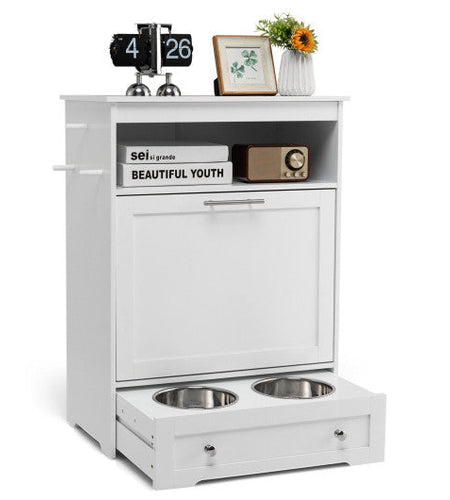 Pet Feeder Station with Stainless Steel Bowl-White