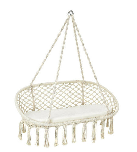 2 Person Hanging Hammock Chair with Cushion Macrame Swing-Beige