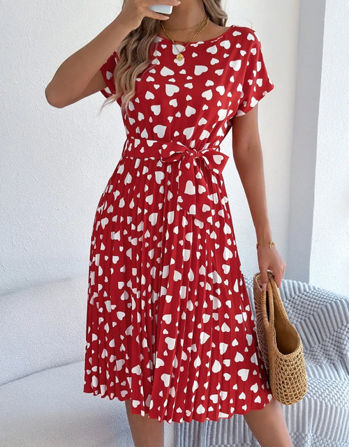 Load image into Gallery viewer, Heart Print Short Sleeve Tie Waist Dress
