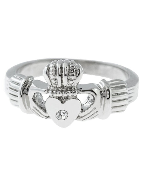 Load image into Gallery viewer, Antique Dainty Claddagh Ring Clear Swarovski Crystal 18k Irish Gold Womans Jewelry Claddagh Rings R3443 by PVD Vintage Jewelry
