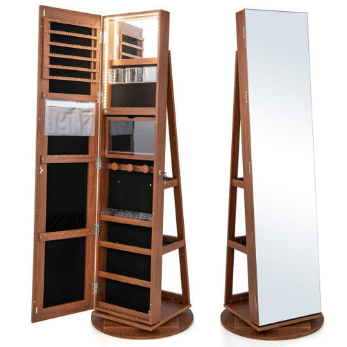 Load image into Gallery viewer, 360° Rotating Mirrored Jewelry Cabinet Armoire 3 Color LED Modes Lockable-Dark Brown
