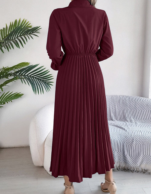 Load image into Gallery viewer, Pleated Half Button Long Sleeve Midi Dress
