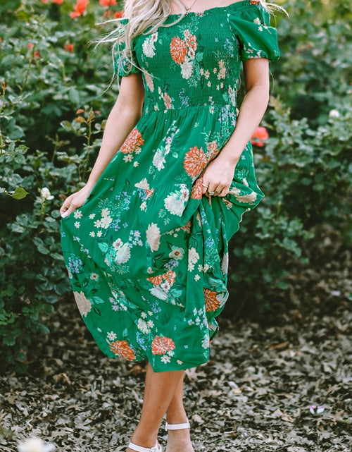 Load image into Gallery viewer, Floral Print Bubble Sleeve Smocked Tiered Midi Dress
