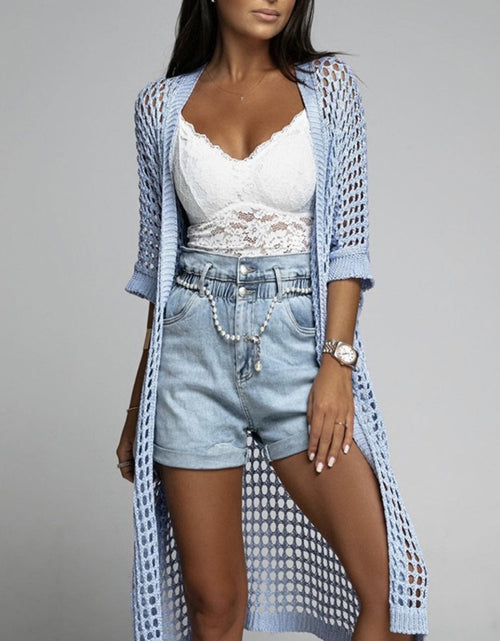 Load image into Gallery viewer, Openwork Open Front Three-Quarter Sleeve Cover Up
