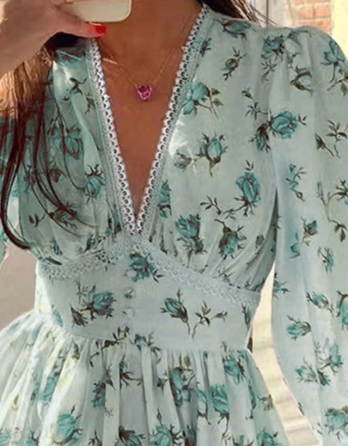 Load image into Gallery viewer, Lace Detail V-Neck Balloon Sleeve Dress
