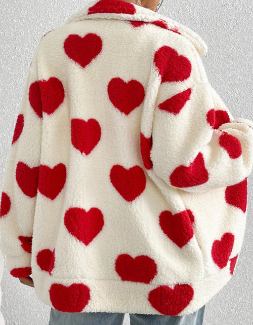 Load image into Gallery viewer, Heart Zip Up Drop Shoulder Furry Jacket
