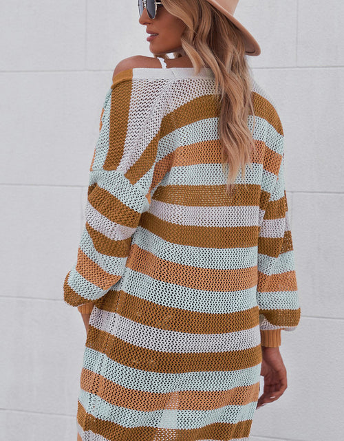Load image into Gallery viewer, Full Size Striped Long Sleeve Openwork Cardigan
