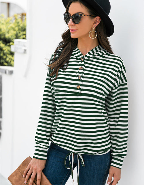 Load image into Gallery viewer, Striped Half-Button Dropped Shoulder Hoodie
