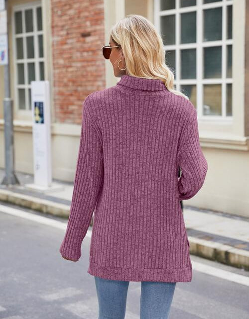 Load image into Gallery viewer, Ribbed Turtleneck Long Sleeve Slit Knit Top
