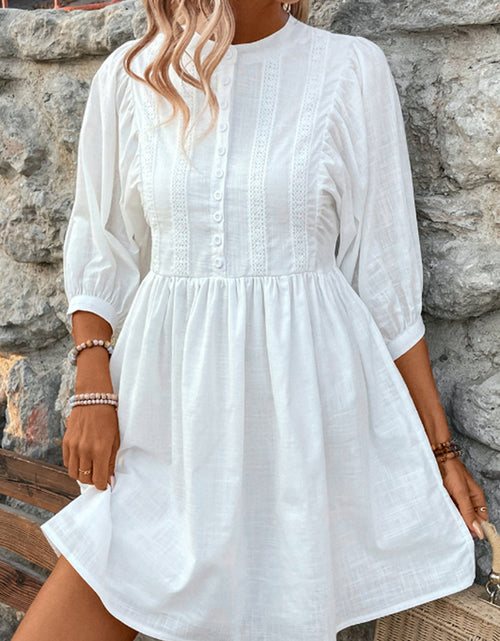 Load image into Gallery viewer, Lace Detail Half Button Three-Quarter Sleeve Dress
