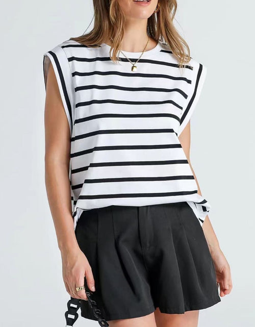 Load image into Gallery viewer, Florira Striped Round Neck Cap Sleeve T-Shirt
