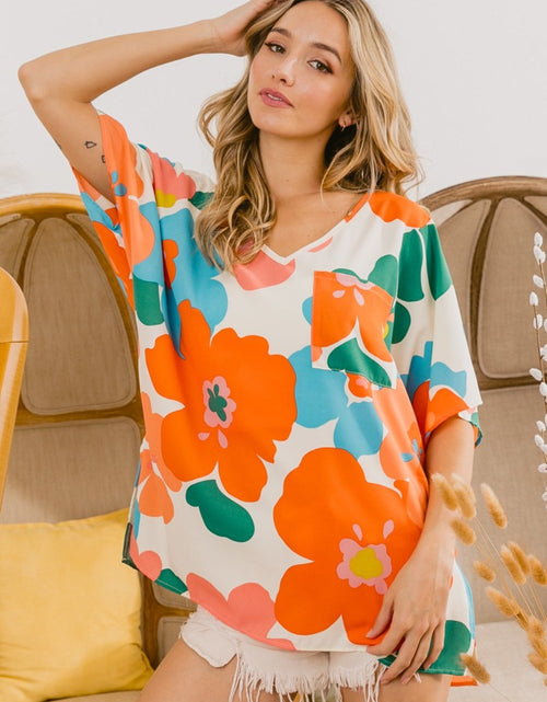 Load image into Gallery viewer, BiBi Floral V Neck Slit Side T-Shirt
