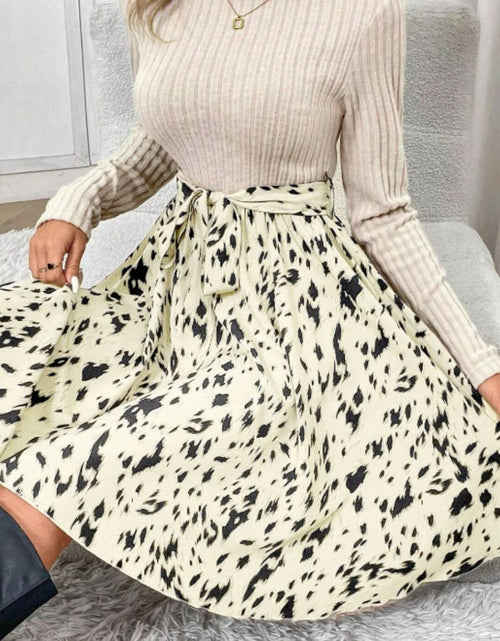 Load image into Gallery viewer, Printed Tie Waist Mock Neck Long Sleeve Dress
