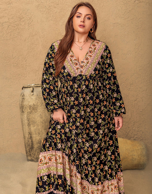 Load image into Gallery viewer, Plus Size Floral V-Neck Balloon Sleeve Dress
