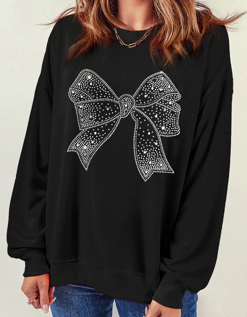 Load image into Gallery viewer, Rhinestone Bow Round Neck Long Sleeve Sweatshirt
