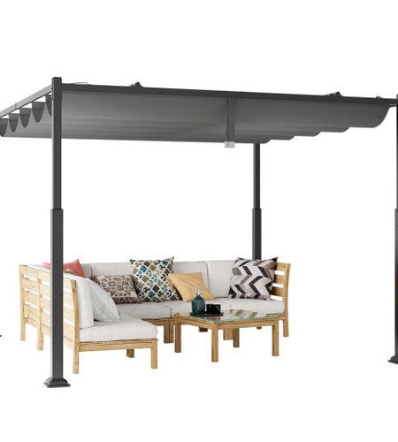 10 x 10 Feet Outdoor Pergola with Retractable Canopy and Metal Columns-Gray