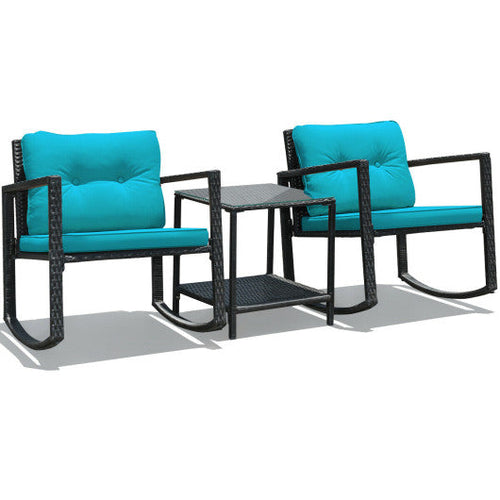 Load image into Gallery viewer, 3 Pcs Wicker Rocking Bistro Set with Glass Coffee Table and Storage Shelf-Blue

