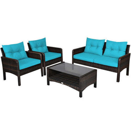 Load image into Gallery viewer, 4 Pieces Outdoor Rattan Wicker Loveseat Furniture Set with Cushions-Turquoise
