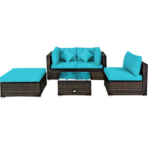Load image into Gallery viewer, 5 Pcs Outdoor Patio Rattan Furniture Set Sectional Conversation with Navy Cushions-Turquoise
