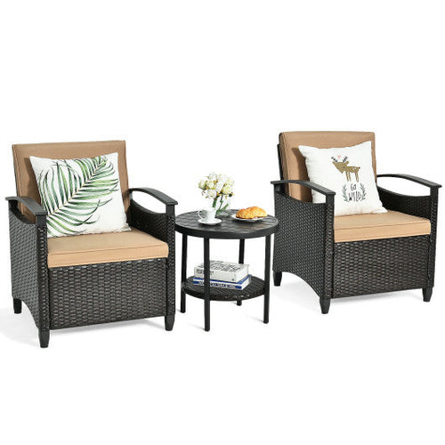 Load image into Gallery viewer, 3 Pieces Patio Rattan Furniture Set Cushioned Sofa Storage Table with Shelf Garden
