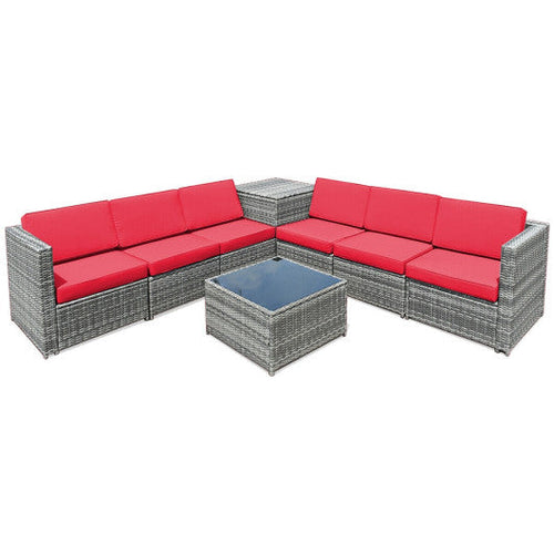 Load image into Gallery viewer, 8 Piece Wicker Sofa Rattan Dinning Set Patio Furniture with Storage Table-Red
