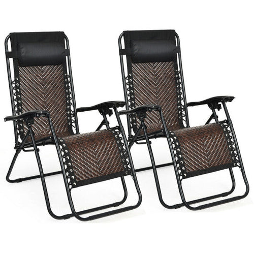 Load image into Gallery viewer, 2 Pieces Folding Patio Rattan Zero Gravity Lounge Chair-Light Brown
