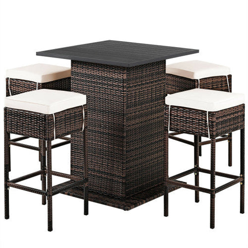 Load image into Gallery viewer, 5 Pieces Patio Rattan Bar Table Stool Set Hidden Storage Shelf Cushioned-White
