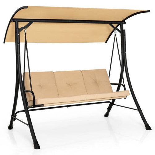 Load image into Gallery viewer, 3-Seat Outdoor Porch Swing with Adjustable Canopy and Padded Cushions-Beige
