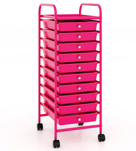 10 Drawer Rolling Storage Cart Organizer with 4 Universal Casters-Pink