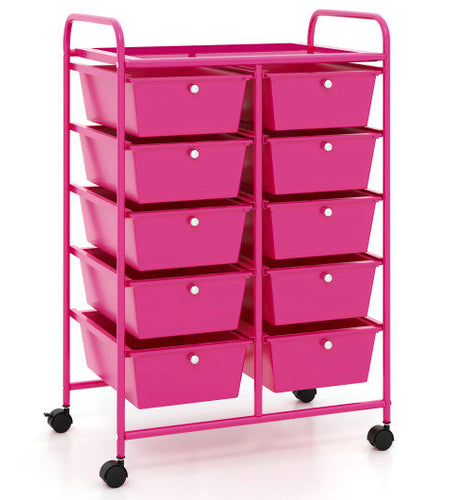 10-Drawer Rolling Storage Cart-Pink
