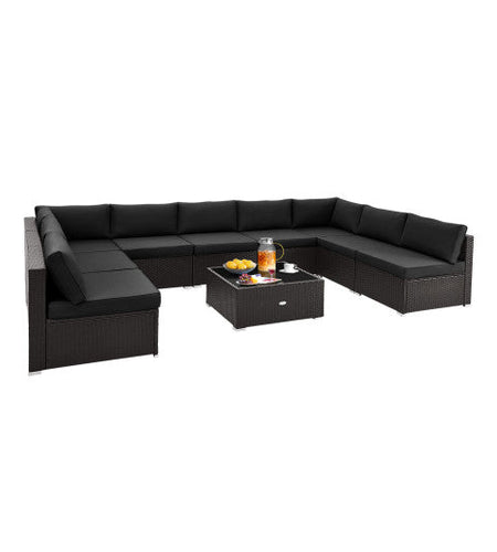 10 Piece Outdoor Wicker Conversation Set with Seat and Back Cushions-Black