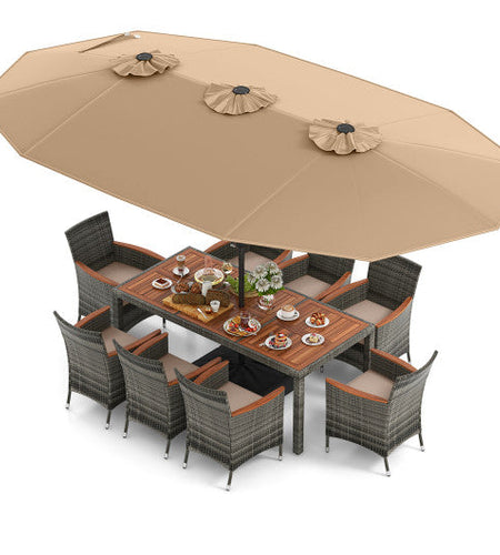 10 Pieces Patio Wicker Dining Set with 15 Feet Double-Sided Patio Umbrella-Brown